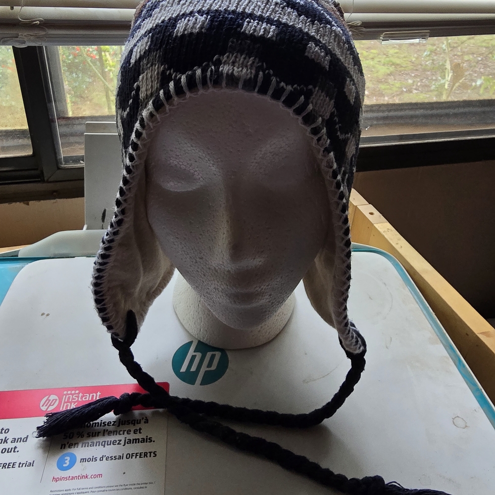Cozy Knit Earflap Hat Black and White